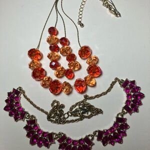 Pretty Orange Crystal Necklace & Pretty Bright Pink Stones Set in Metal Set of 2
